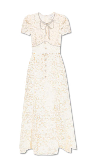 CREAM EMBELLISHED FLORAL LACE MIDI DRESS