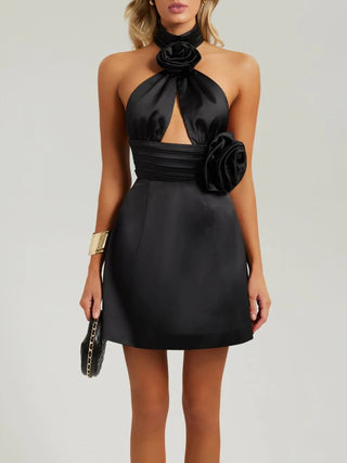 BLACK HALTER SATIN CUTOUT FLOWER DRESS