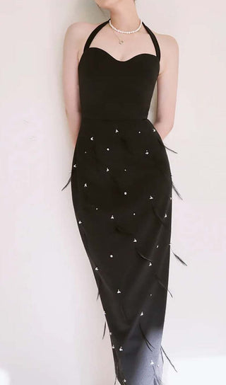 FEATHER RHINESTONES BODYCON MIDI DRESS IN BLACK DRESS styleofcb 