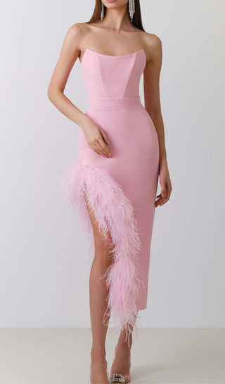 FEATHER TRIM SPLIT MIDI DRESS IN BUBBLEGUM DRESS styleofcb 