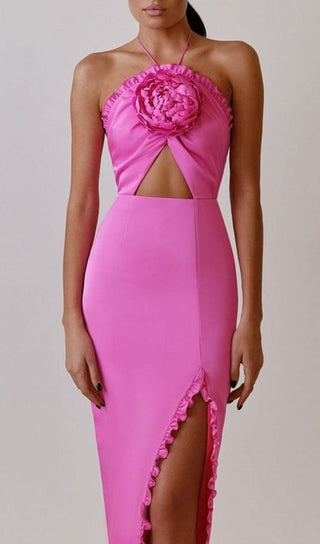 FLORAL EMBELLISHED SLIT MIDI DRESS IN PINK DRESS STYLE OF CB 