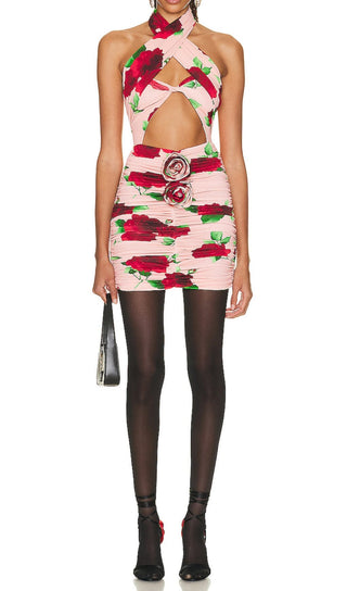 FLORAL- PRINT HALTER MINI DRESS IN CHERRY BLOSSOM DRESS STYLE OF CB 