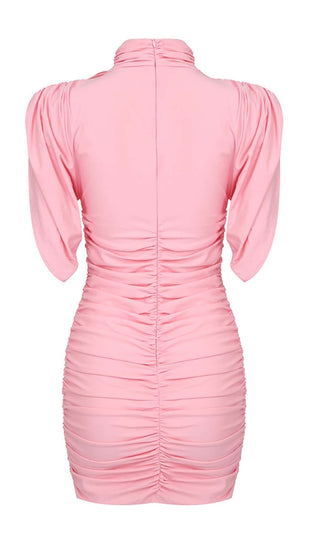 FLOWER-EMBELLISHED RUCHED MINI DRESS IN PINK DRESS STYLE OF CB 