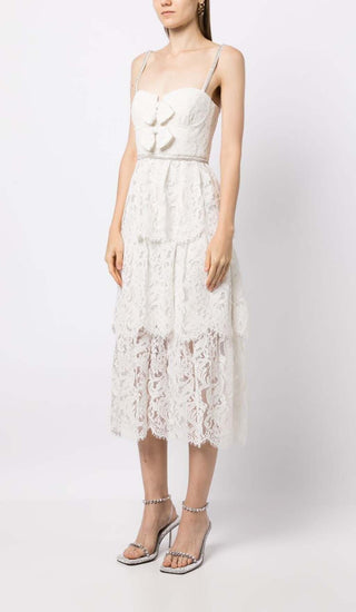 FRONT BOW TIERED MIDI DRESS IN WHITE DRESS STYLE OF CB 