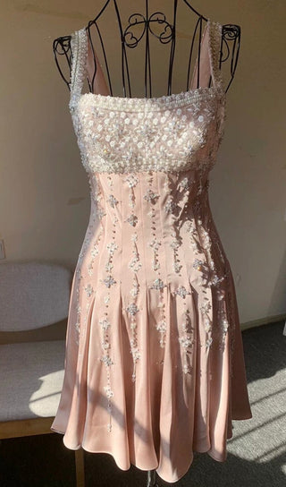 HAND-BEADED DIAMOND MINI DRESS IN NUDE DRESS sis label 