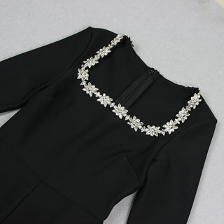 LONG SLEEVE CRYSTAL NECKLINE JUMPSUIT IN BLACK