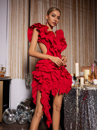 CUTOUT RUFFLE TIERED DRESS IN RED