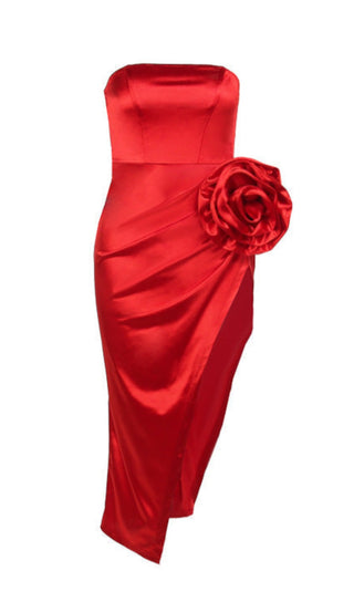 STRAPLESS FLOWER SATIN MIDI DRESS