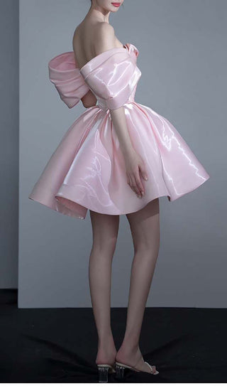 OFF SHOULDER SATIN MINI DRESS IN PINK DRESS styleofcb 