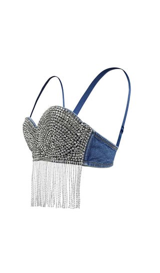 RHINESTONE TASSEL DENIM CROPPED TOP IN BLUE DRESS STYLE OF CB 