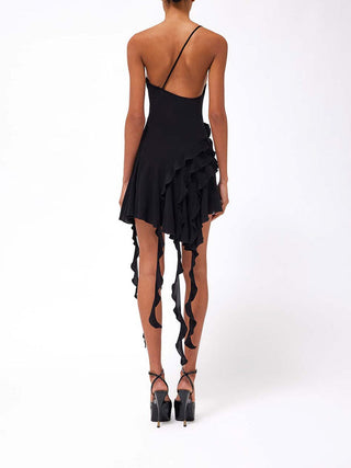 ROSE-DETAIL RUFFLED MINI DRESS IN BLACK DRESS styleofcb 