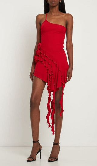 ROSE-DETAIL RUFFLED MINI DRESS IN RED DRESS styleofcb 