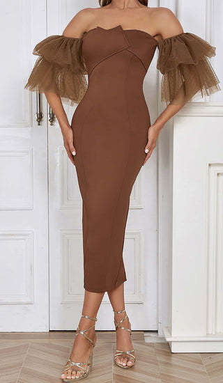 OFF-SHOULDER RUFFLED MIDI DRESS IN BROWN DRESS STYLE OF CB 