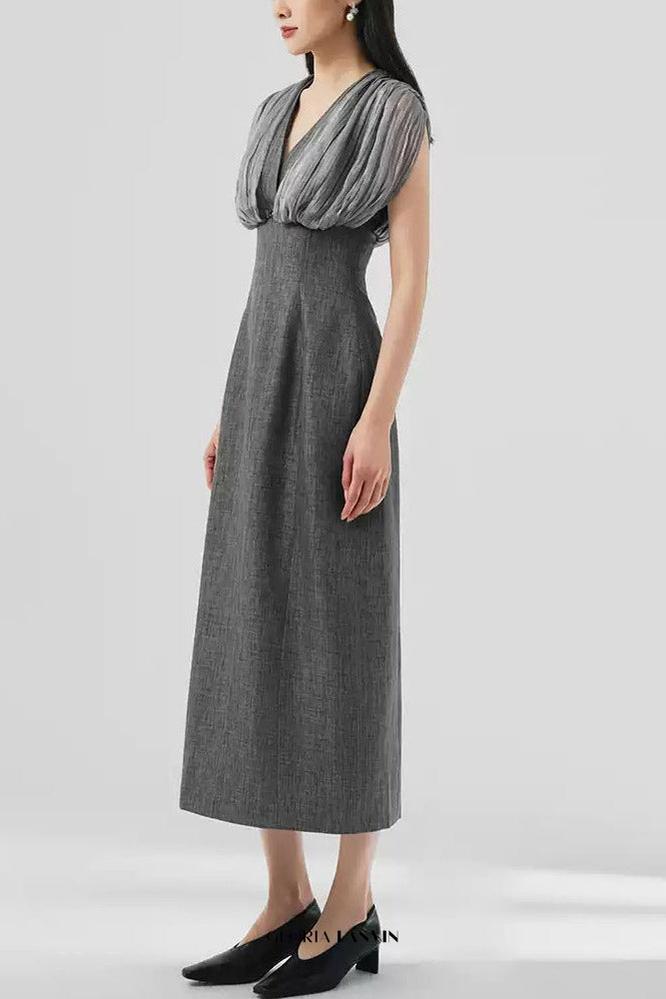 Mesh stitching sleeveless midi dress in grey