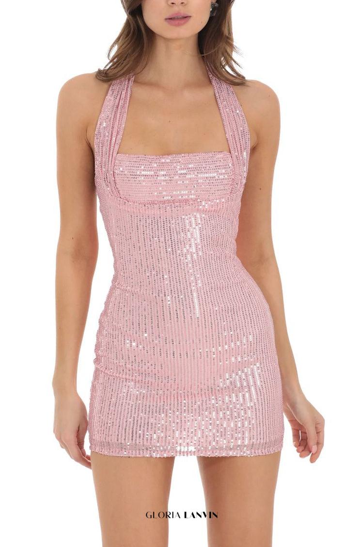 virginia Sequin Halter backless mini Dress in Pink