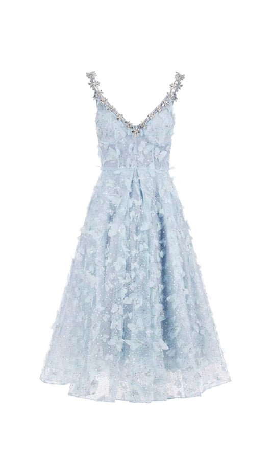 ROBE MIDI EN MAILLE À SEQUINS PAPILLON STÉRÉOSCOPIQUE BLEU