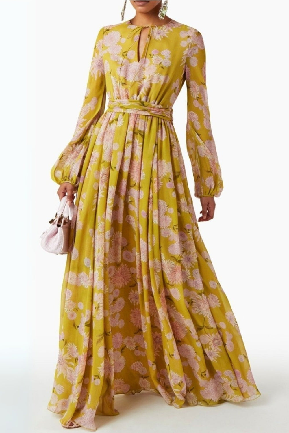FLORAL SILK GEORGETTE MAXI DRESS IN YELLOW