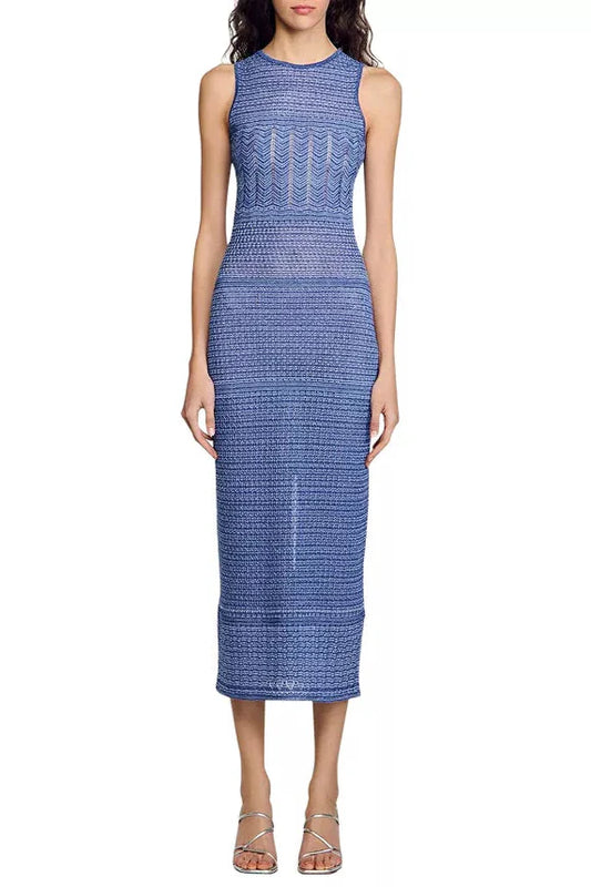 Robe midi sans manches en maille à rayures ajourées bleu roi