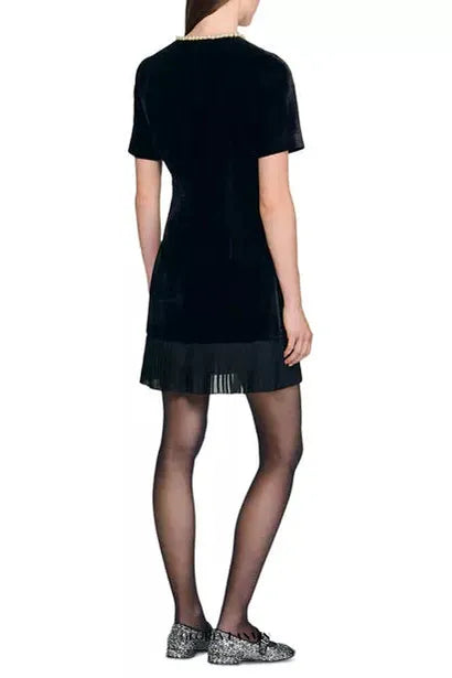 riva Pleated trim patchwork velvet mini dress in black