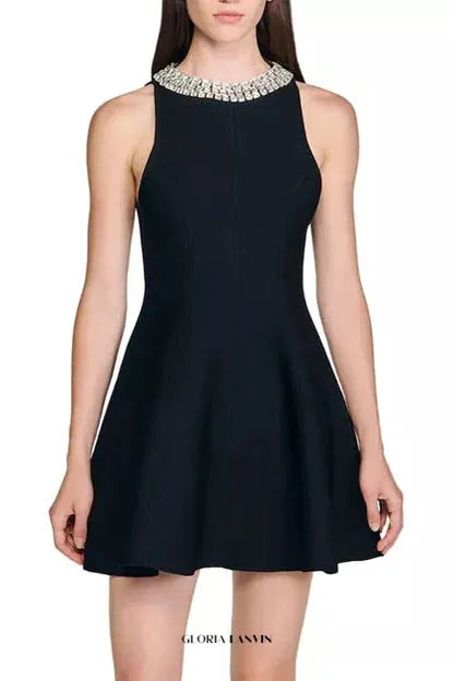 virginia Pearl Collar mini Dress in black