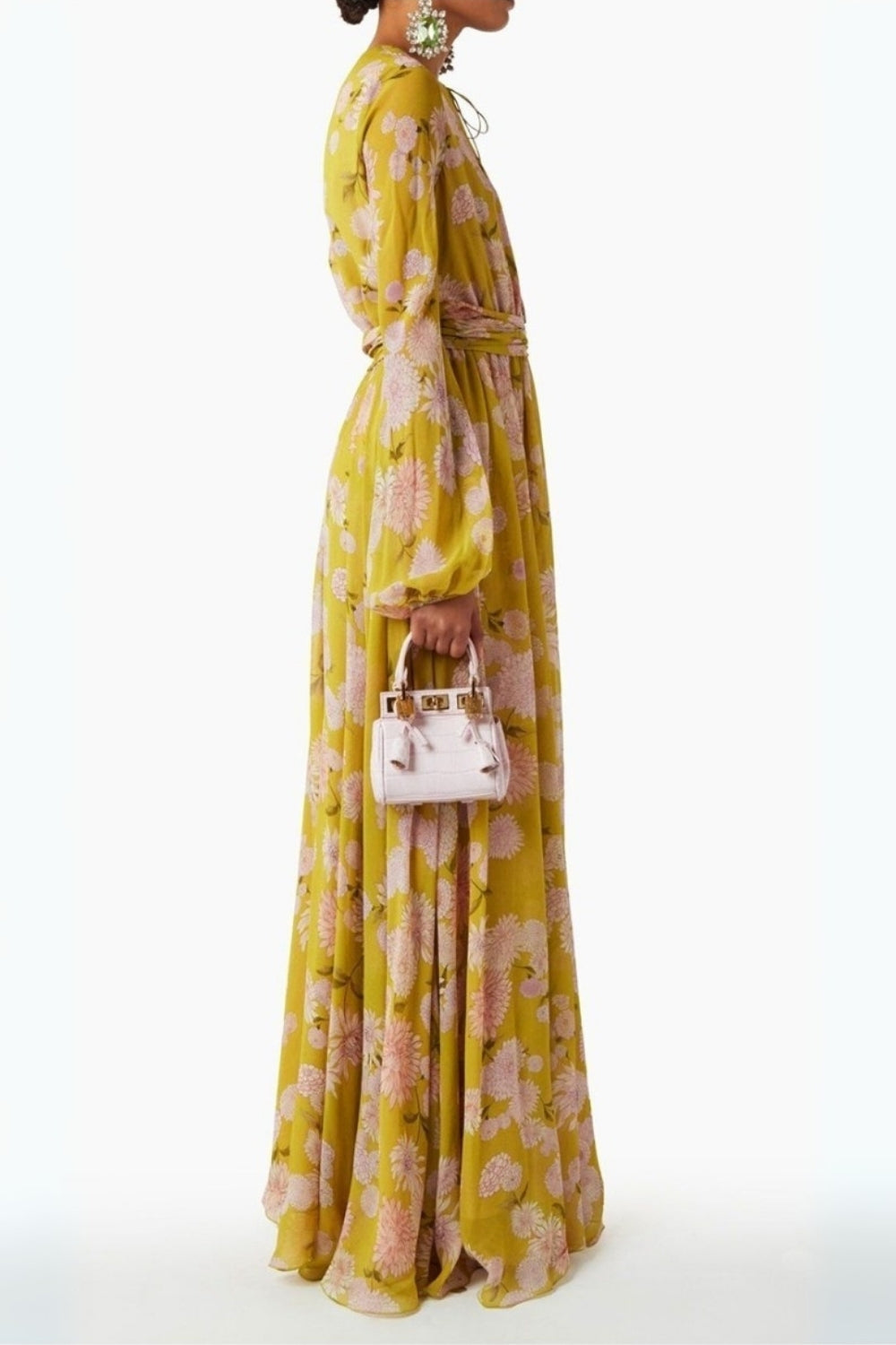 FLORAL SILK GEORGETTE MAXI DRESS IN YELLOW