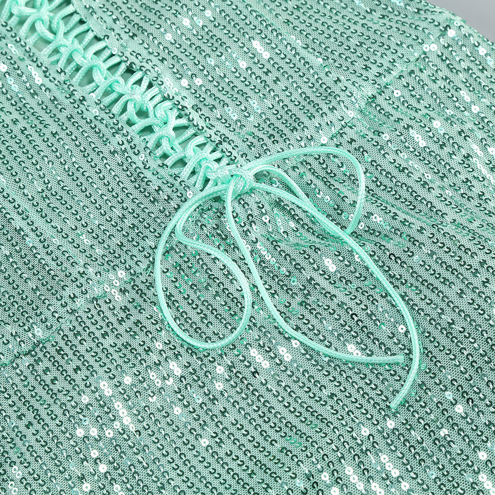 Robe longue à sequins froncée et fente haute verte