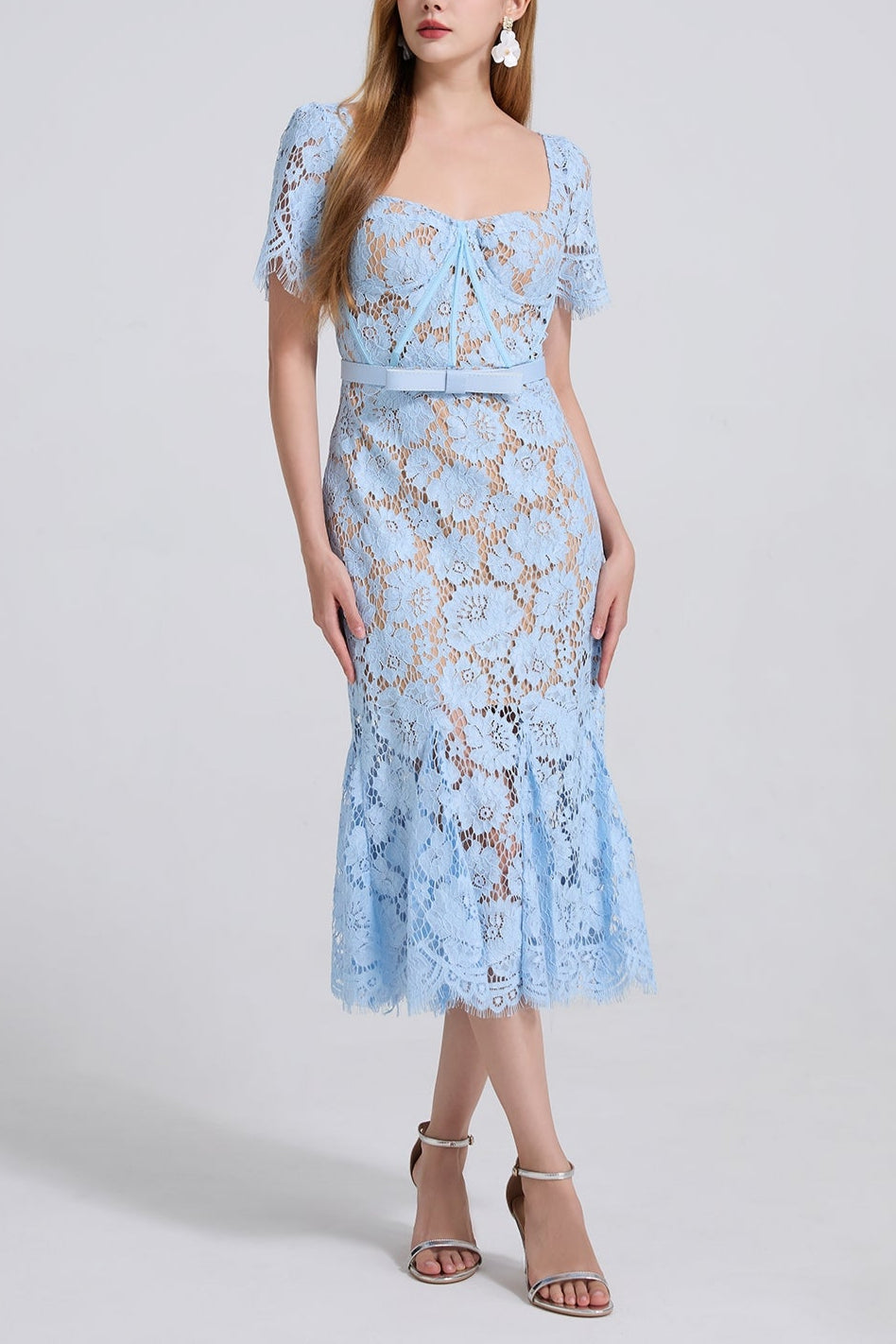 SQUARE NECK LACE MIDI DRESS IN BLUE