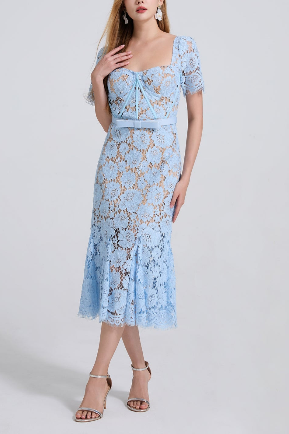 SQUARE NECK LACE MIDI DRESS IN BLUE