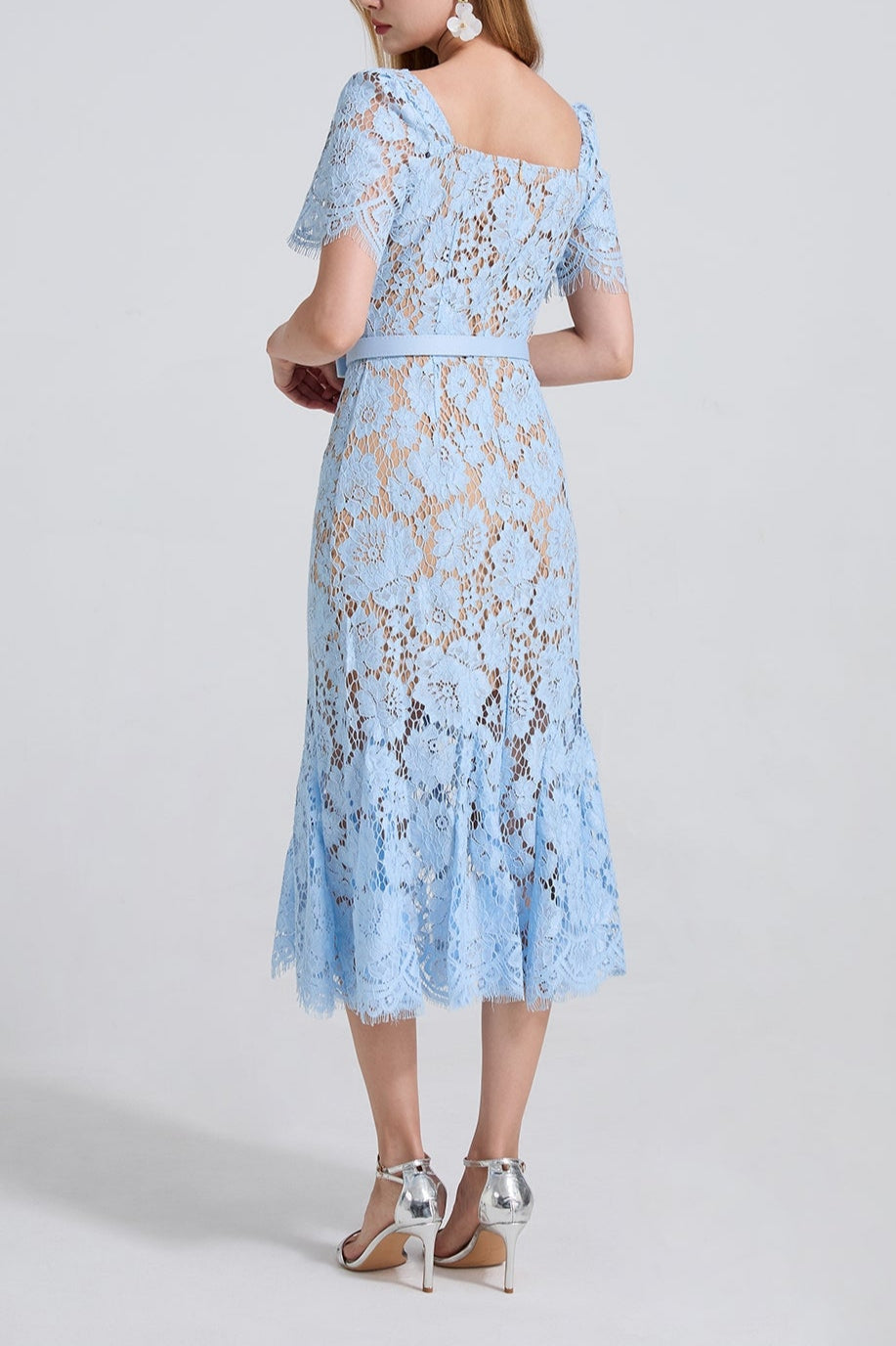 SQUARE NECK LACE MIDI DRESS IN BLUE