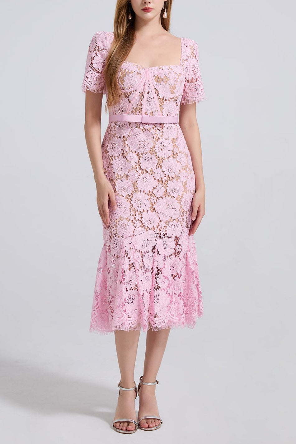 SQUARE NECK LACE MIDI DRESS IN PINK