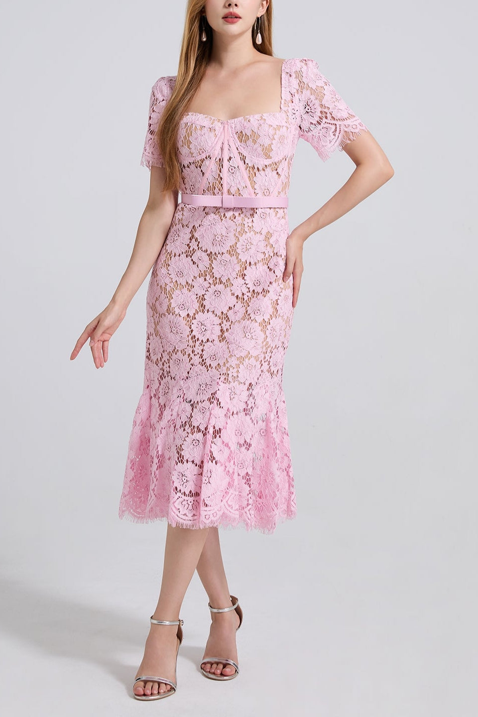 SQUARE NECK LACE MIDI DRESS IN PINK