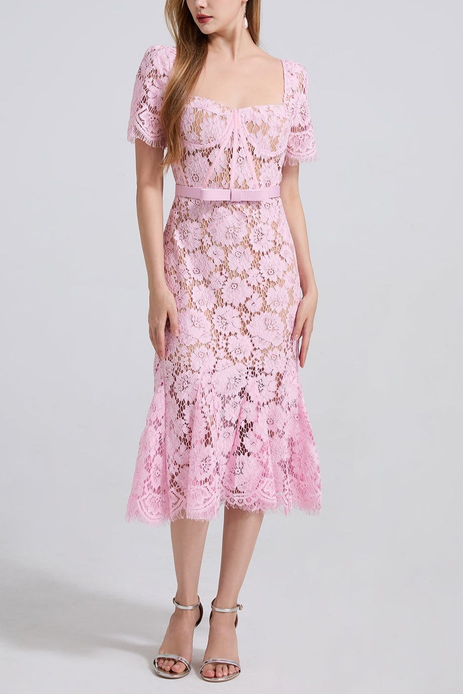 SQUARE NECK LACE MIDI DRESS IN PINK