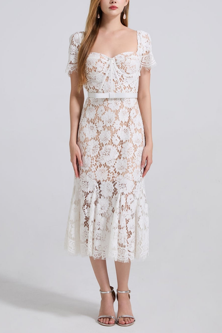 SQUARE NECK LACE MIDI DRESS IN WHITE