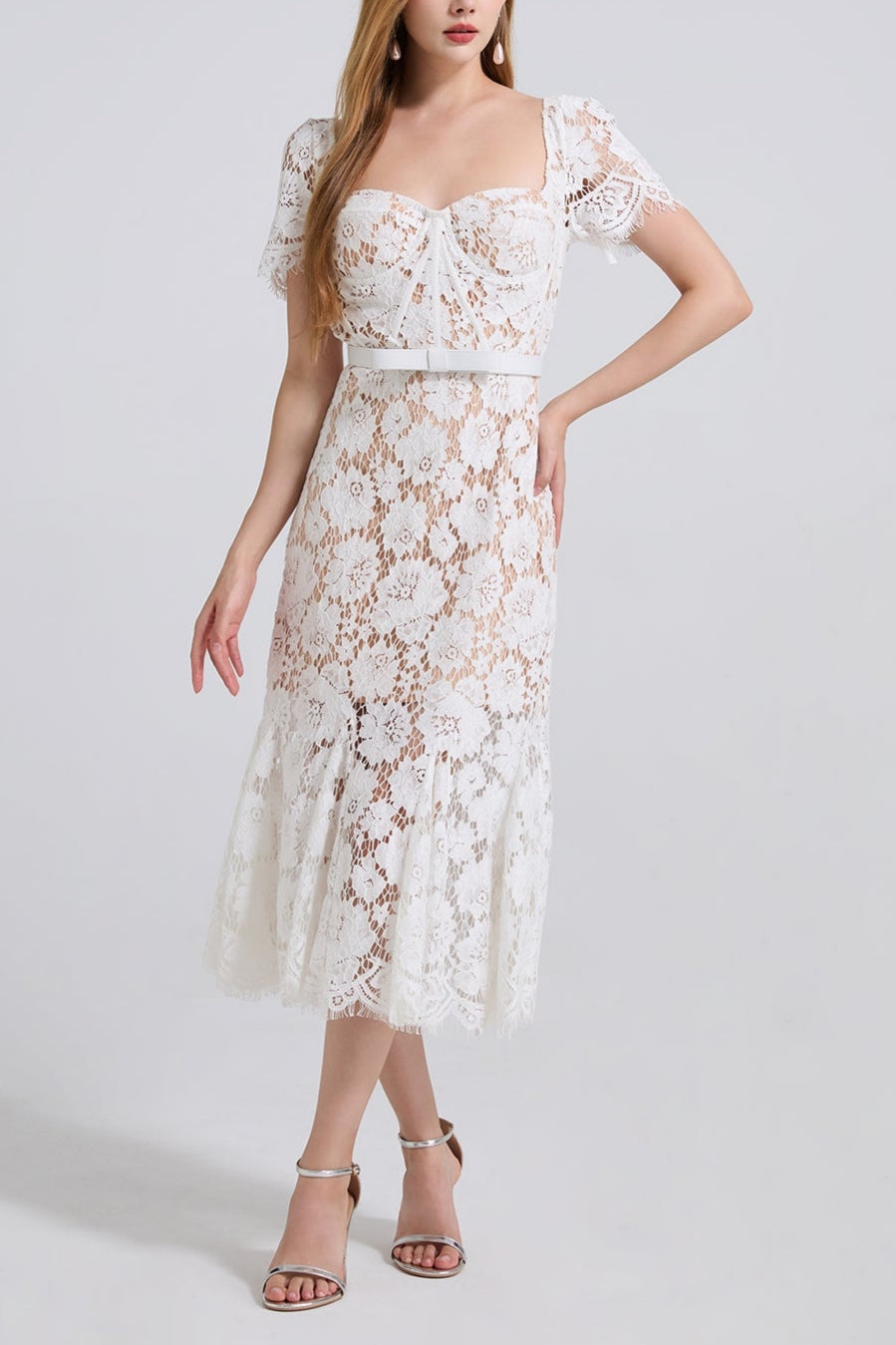 SQUARE NECK LACE MIDI DRESS IN WHITE