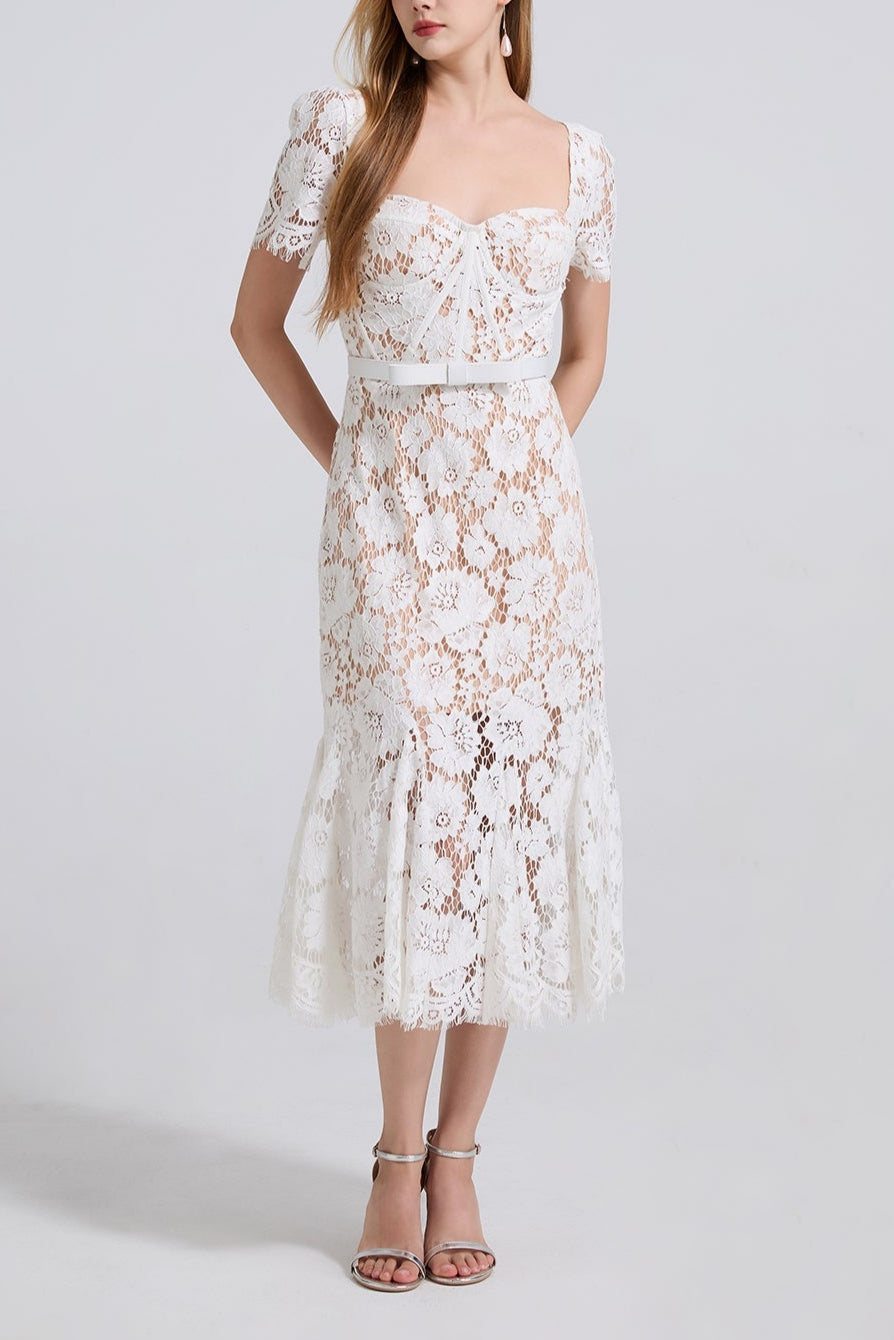 SQUARE NECK LACE MIDI DRESS IN WHITE