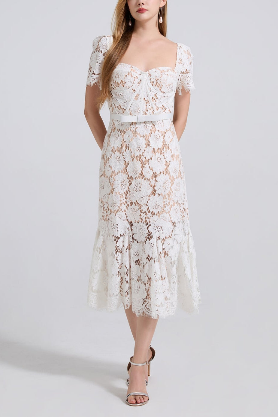 SQUARE NECK LACE MIDI DRESS IN WHITE