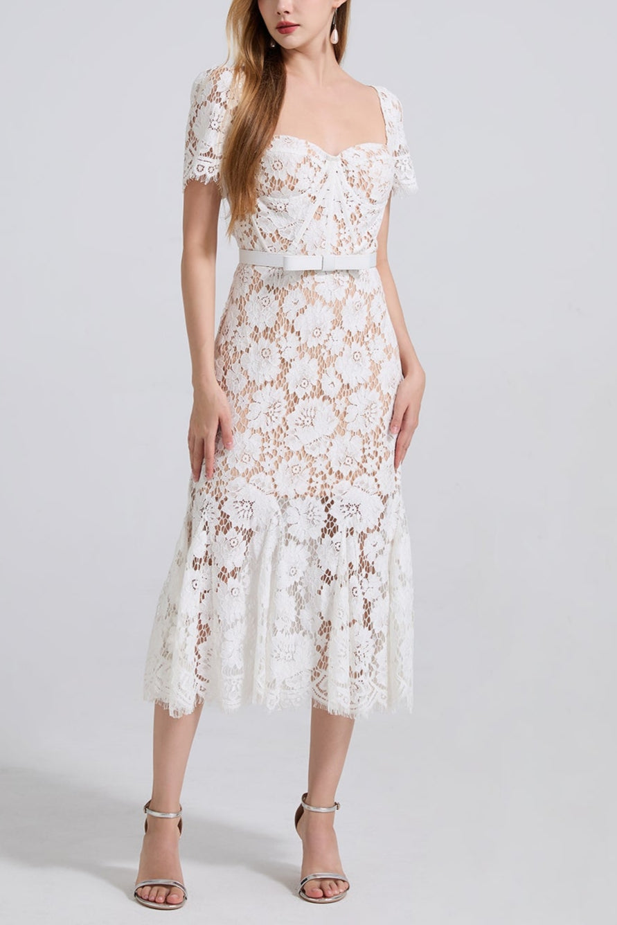 SQUARE NECK LACE MIDI DRESS IN WHITE