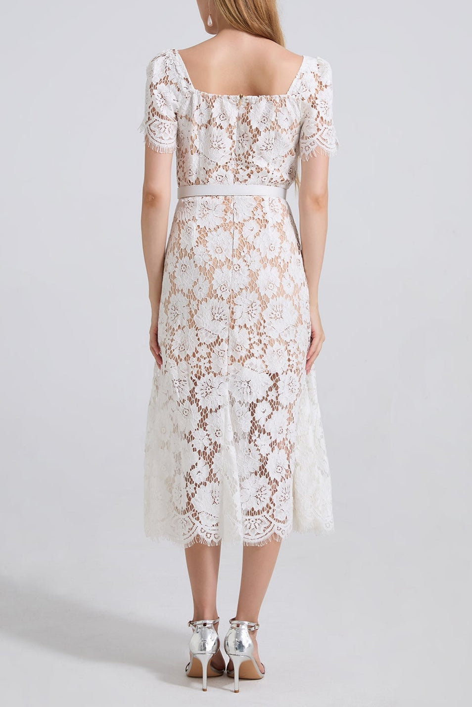 SQUARE NECK LACE MIDI DRESS IN WHITE