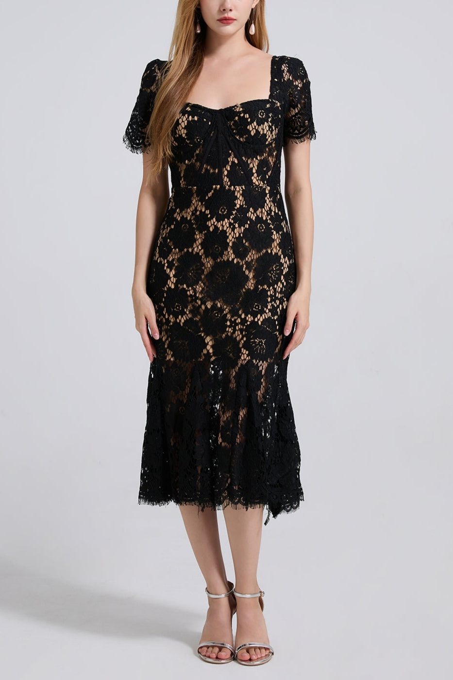 SQUARE NECK LACE MIDI DRESS IN BLACK