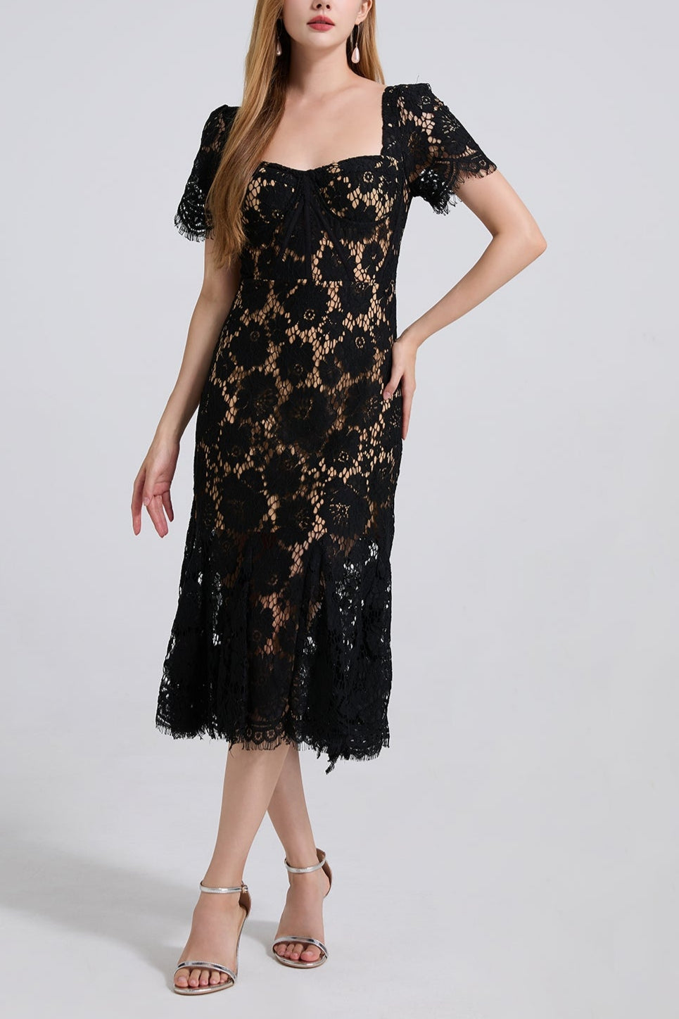 SQUARE NECK LACE MIDI DRESS IN BLACK