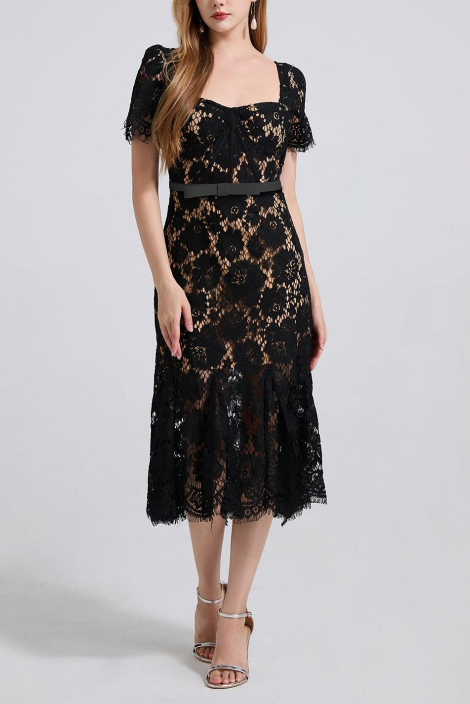 SQUARE NECK LACE MIDI DRESS IN BLACK