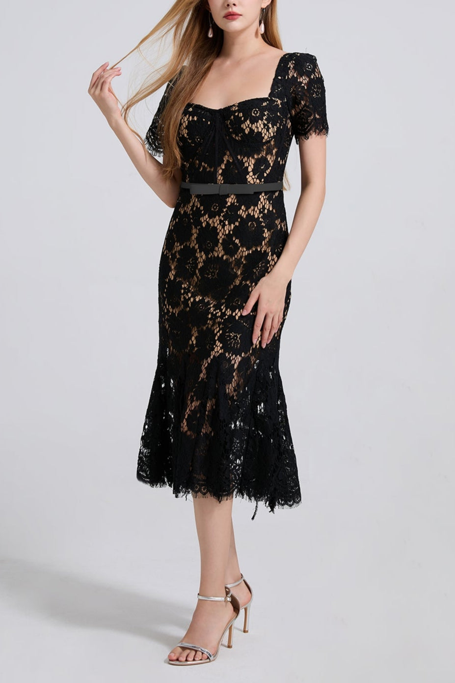 SQUARE NECK LACE MIDI DRESS IN BLACK