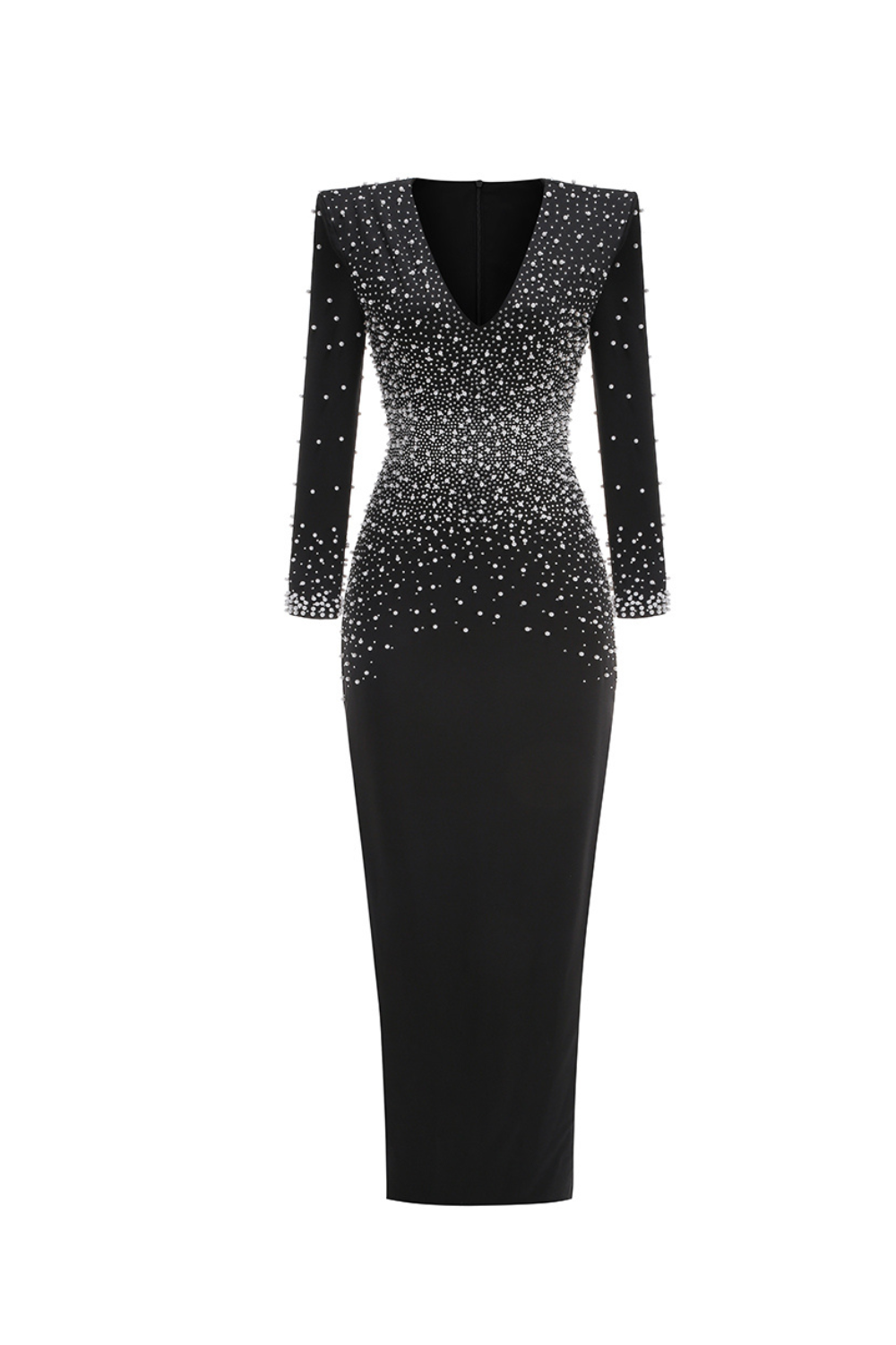 Robe longue noire à col en V ornée de perles