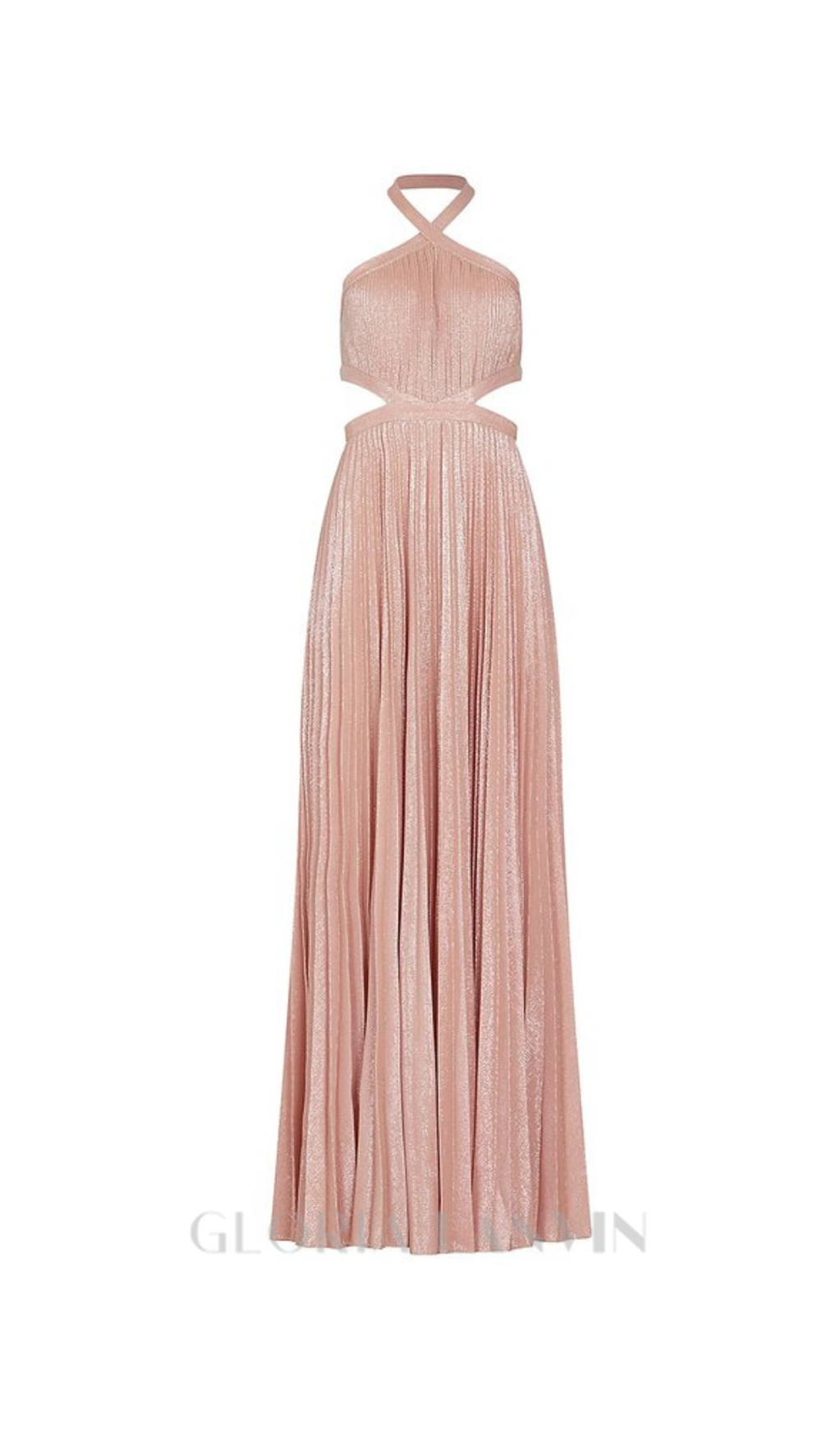 nancy halter cutout pleated gown in pale pink