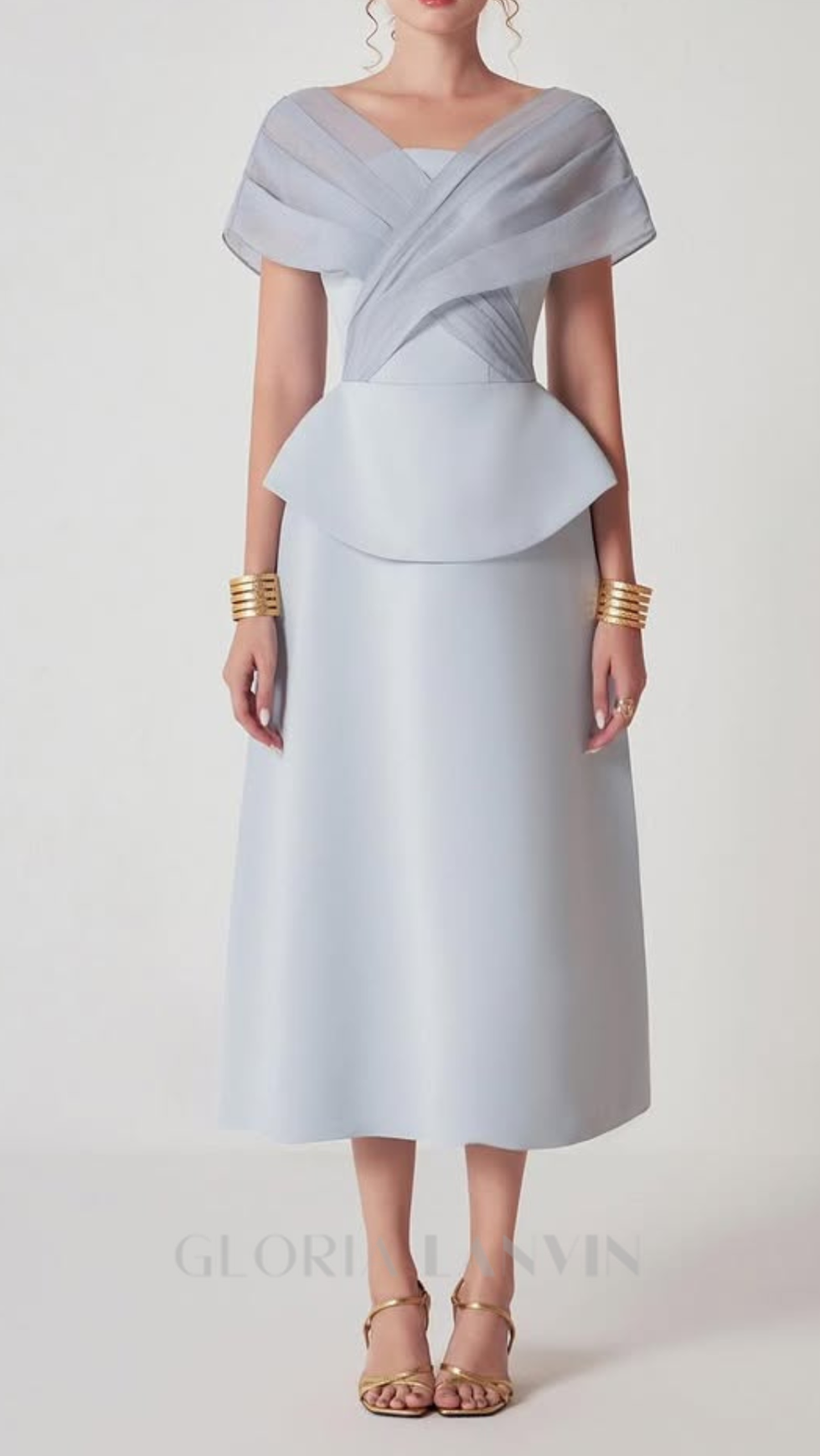 Hellgraues Midikleid mit Mesh-Patchwork-Muster