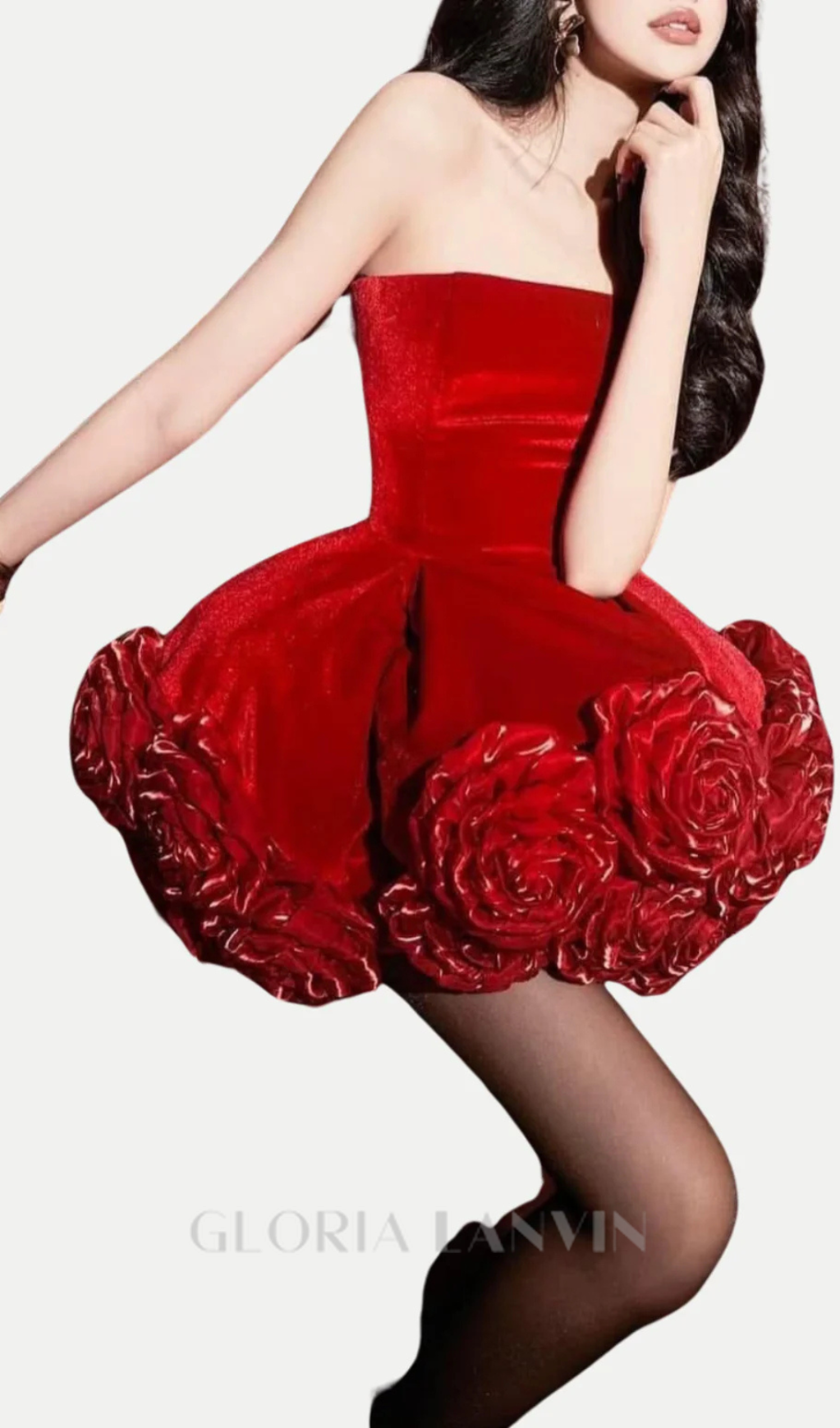 Robe mini bustier en velours rouge Sebast Flower