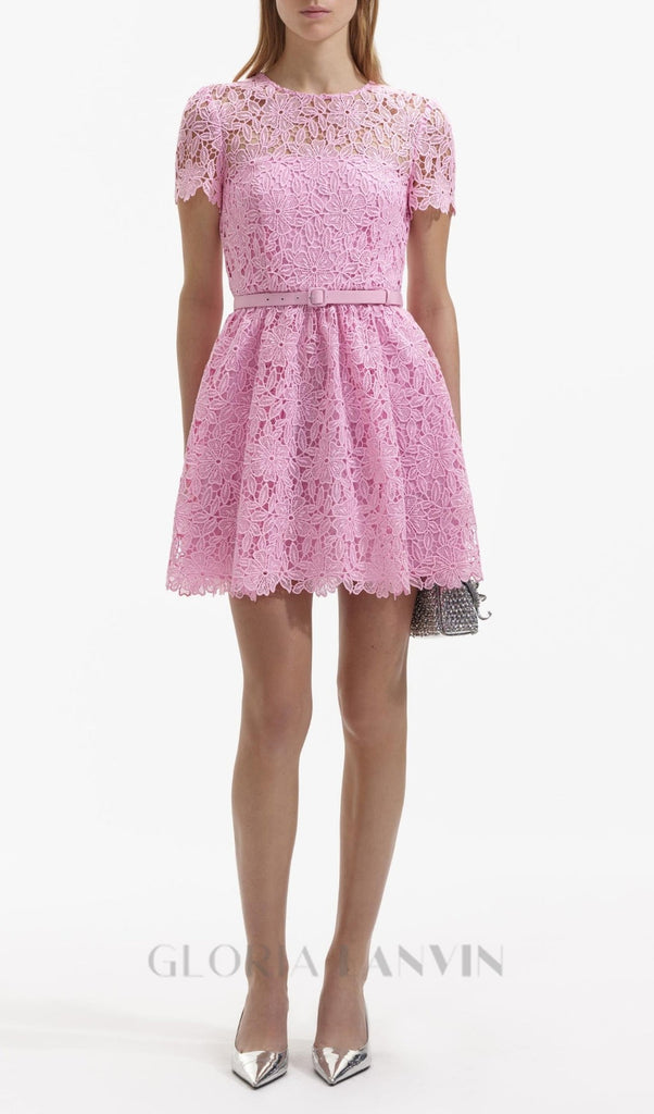 A model wearing a pink guipure lace mini dress with a round neckline, fitted style, and embroidered floral detail on the chest.