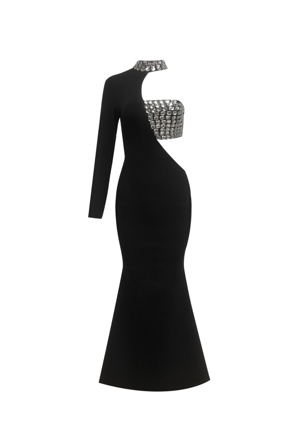 Robe longue noire à une manche et découpe ornée de cristaux