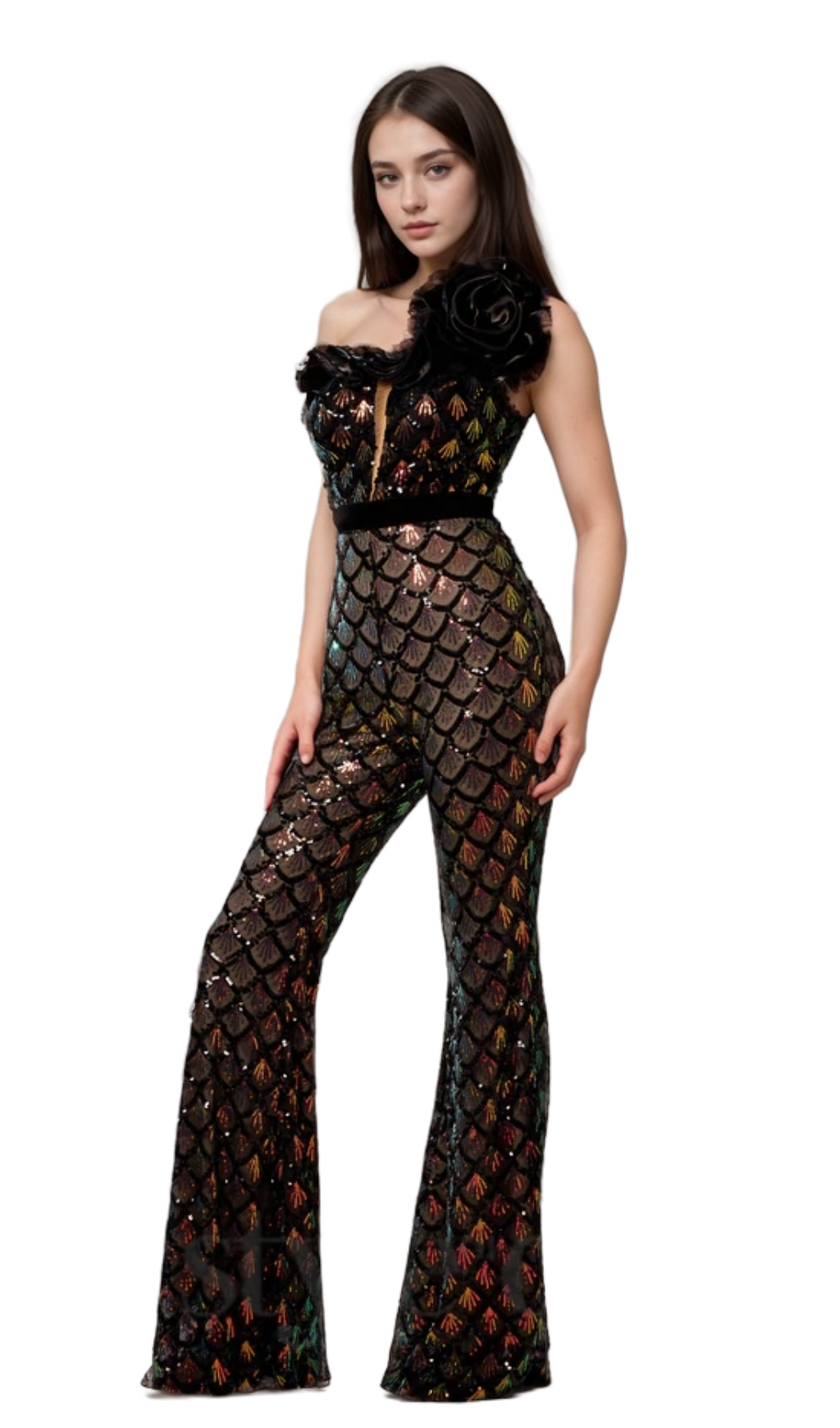 Meerjungfrauen-Schuppen-Jumpsuit mit Blumenmuster, Pailletten und One-Shoulder