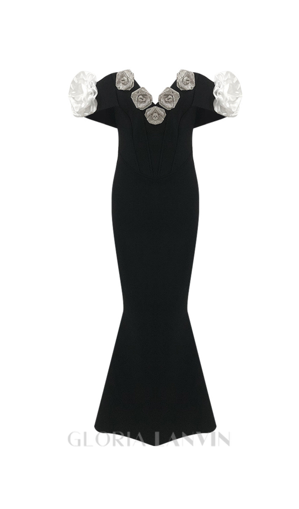 Robe longue moulante à épaules dénudées et fleurs 3D, style bandage, signée BEATRICE BLACK